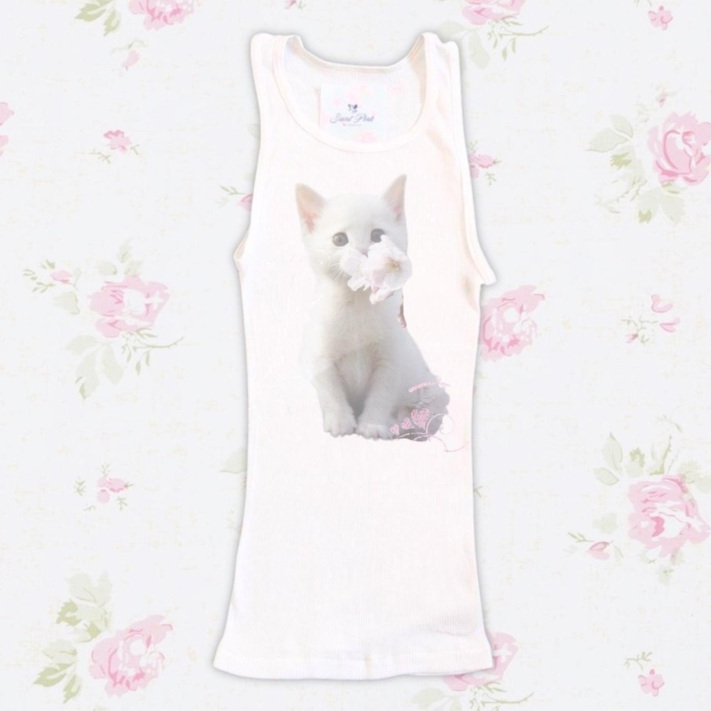 Y2K Cute Kitten Graphic Ribbed Tank Top